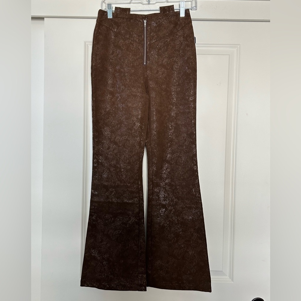 Brown High Waist Shiny Flare Pants - Picture 2 of 9